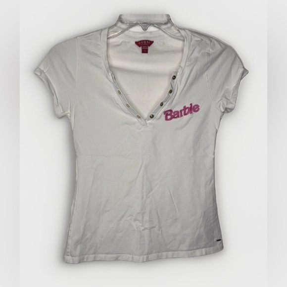 Y2K BARBIE Pink Embroidered Logo T Shirt GUESS white V Neck Sexy Cute EUC Small - Picture 1 of 7